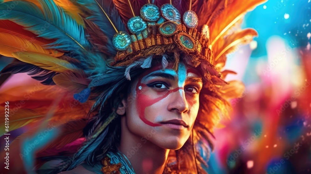 Fototapeta premium A young man with colorful face paint and feathers, participating in a vibrant Brazilian carnival parade. Generative ai.