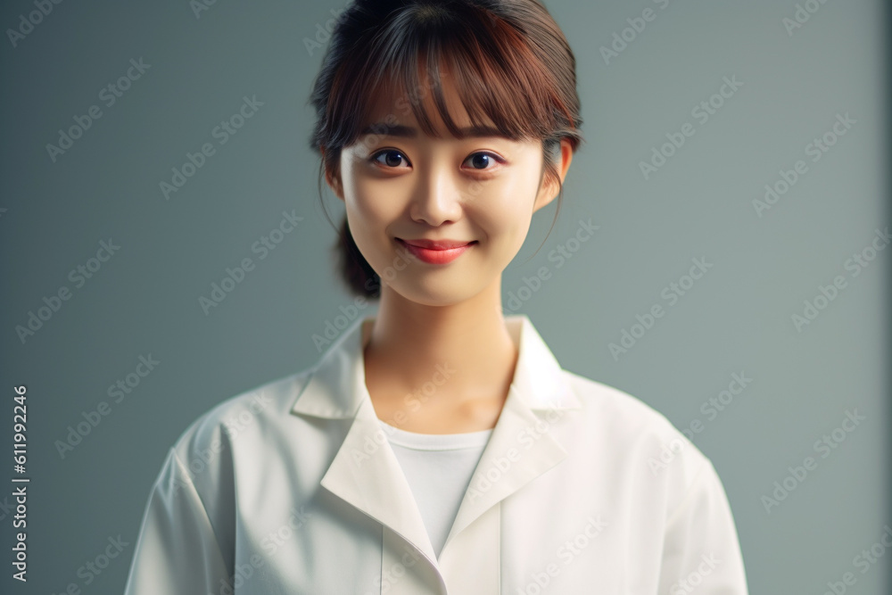 Beautiful Japanese female doctor, portrait in hospital. Generative AI Beautiful Japanese female doctor, portrait in hospital. Generative AI