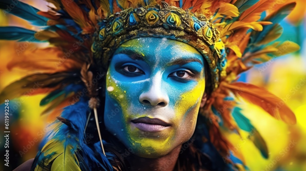 A young man with colorful face paint and feathers, participating in a vibrant Brazilian carnival parade. Generative ai.