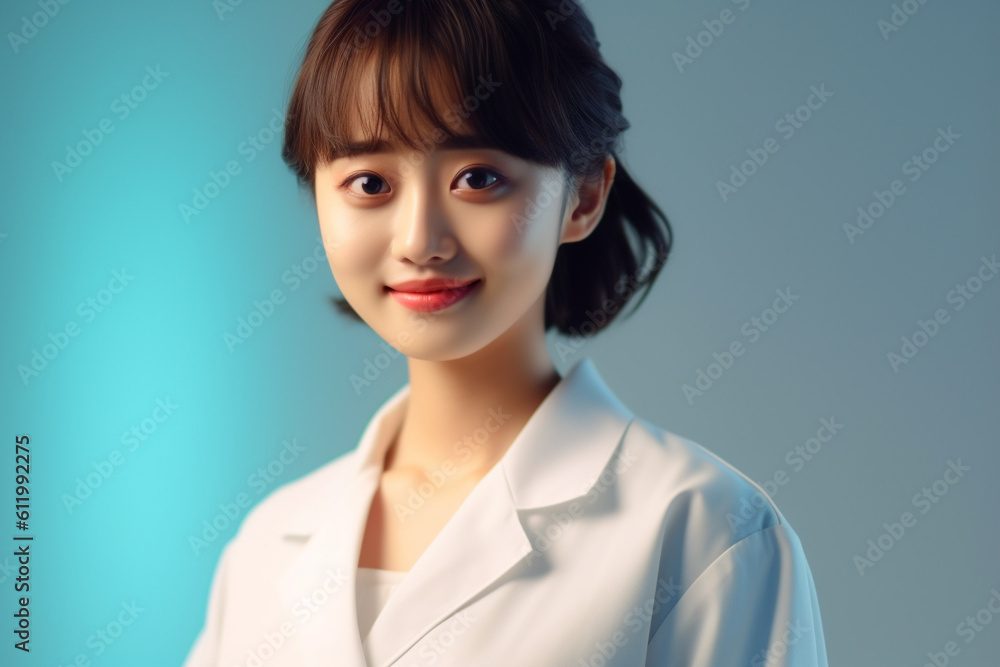 Beautiful Japanese female doctor, portrait in hospital. Generative AI Beautiful Japanese female doctor, portrait in hospital. Generative AI