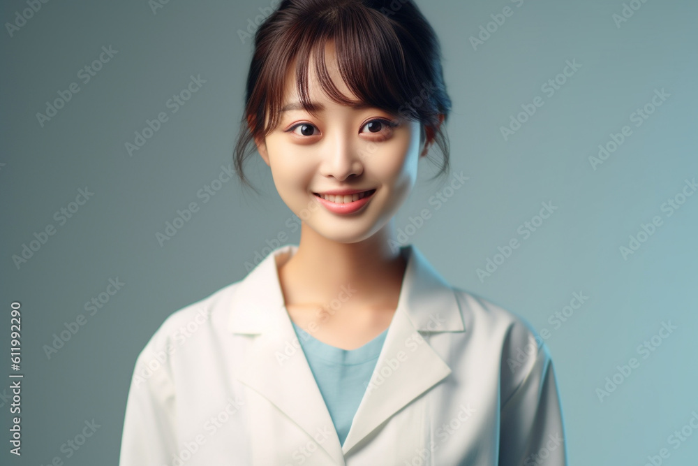 Beautiful Japanese female doctor, portrait in hospital. Generative AI Beautiful Japanese female doctor, portrait in hospital. Generative AI