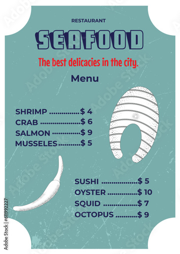 Cafe menu restaurant brochure. Seafood design template.