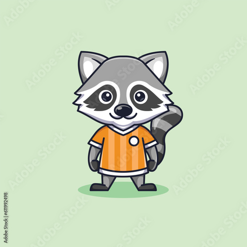minimalist cute raccoon animal wearing soccer shirt cartoon flat icon vector Illustration design. simple modern cute raccoon isolated flat cartoon style