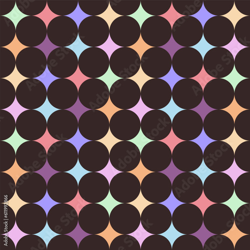 Effect drawing black circles on colorful background. Seamless pattern for fashion, card, cover skin, textile, wrapping paper, banner. Vector background.