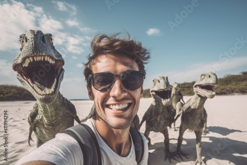 Young man taking selfie with aliens on the beach. AI generative art