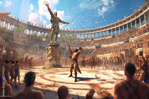 Digital art of a tense moment in the ancient Olympic Games during a javelin throw.