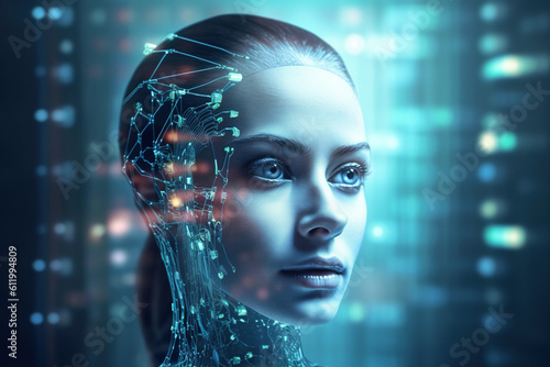 Head-shot of beautiful young hologram woman with technology elements, futurist robot with integrated AI artificial intelligence, machine human, futuristic blue background.