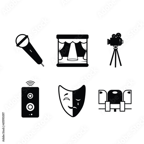 Cinema or performance themed vector icon silhouette set collection illustration isolated on square white background. Simple flat outlined minimalist cartoon art styled drawing. photo
