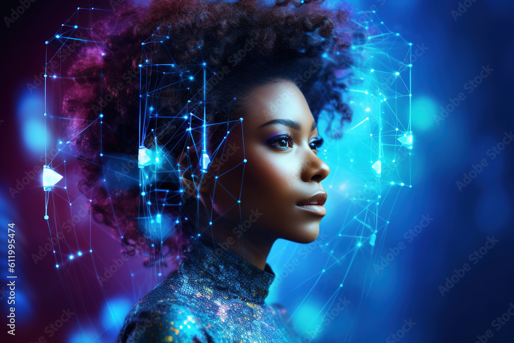 Portrait of beautiful black woman with curly hair with neural network thinks around her head on pink and blue background. Artificial intelligence and technology concept. Portrait of beautiful black woman with curly hair with neural network thinks around her head on pink and blue background. Artificial intelligence and technology concept.