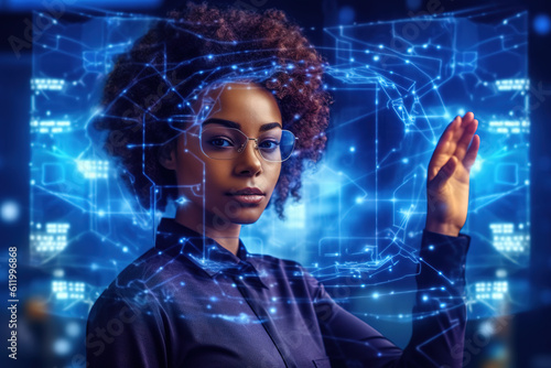 Portrait of beautiful black woman with curly hair wearing eyeglasses in cyberspace with digital blue interface, hologram diagrams and futuristic environment.