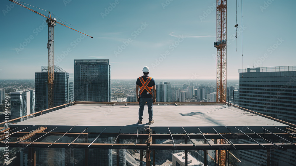 Naklejka premium Contractor on top of a construction site. Cranes and heavy machinery. Generative AI