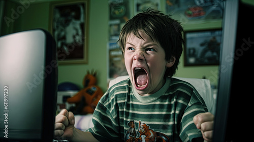 Angry little kid. Boy screaming at a TV. Generative AI