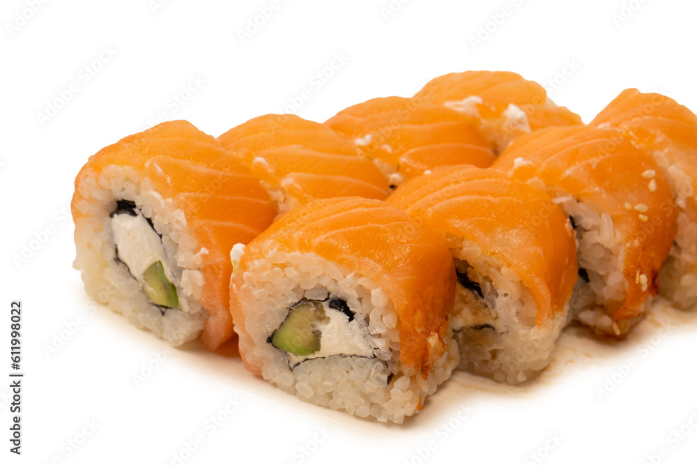 Sushi with cream cheese and salmon isolated on white background. Sushi with cream cheese and salmon isolated on white background.