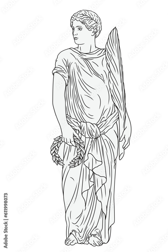 An ancient Greek youth in a tunic stands and holds a laurel wreath and a palm branch in his hands. Male figure isolated on white background