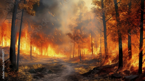 An AI generated illustration of a forest where a big fire is burning. Since it rained too little, everything was dry and a fire started due to careless people.