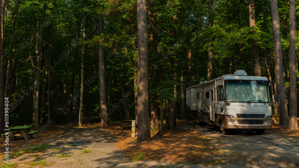 Rv motorhome parked at campsite with tall trees in forest - obrazy, fototapety, plakaty 
