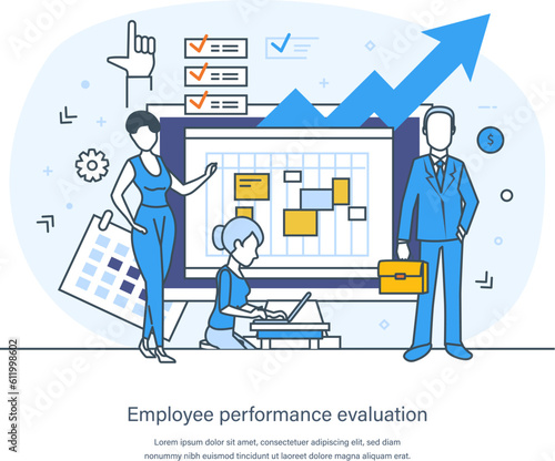 Employee performance evaluation, staff management, empolyee development business concept. Worker performance review, work improvement, productivity growth thin line design of vector doodles
