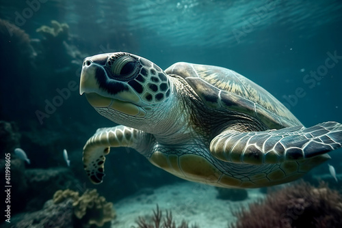A large sea turtle swims in the sea. © Amerigo_images