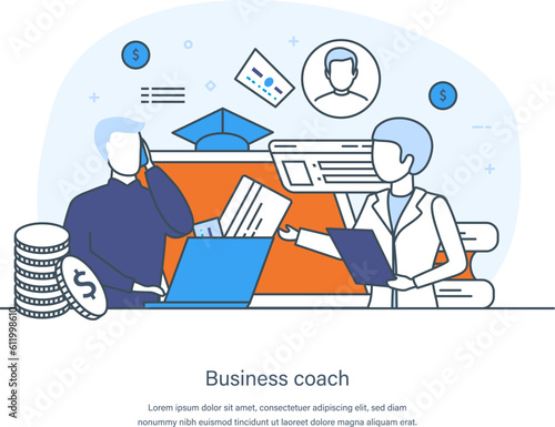 Professional learning, business coach, internet class, personal teacher service. Employee training, coaching, teaching, development, learning and skills thin line design of vector doodles