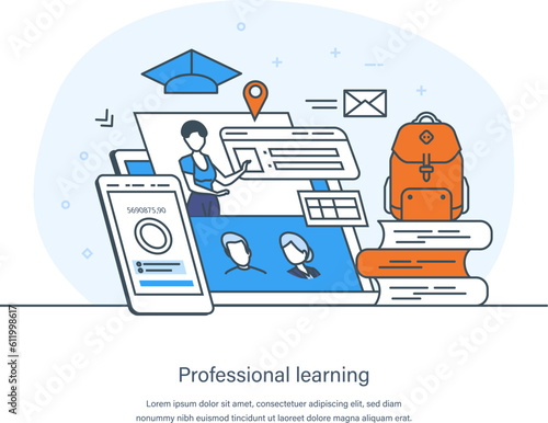 Professional learning, educational web seminar, internet class, personal teacher service. Employee training, coaching, teaching, development, learning and skills thin line design of vector doodles