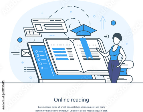 E-library, media book, e-book, digital online education concept. E-learning, home schooling, web course, tutorial. Literature, science and digital culture thin line design of vector doodles