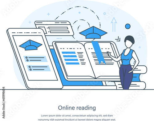E-library, media book, e-book, digital online education concept. E-learning, home schooling, web course, tutorial. Literature, science and digital culture thin line design of vector doodles