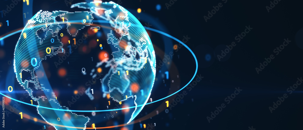 Global digitalization concept with bright glowing planet globe with ...