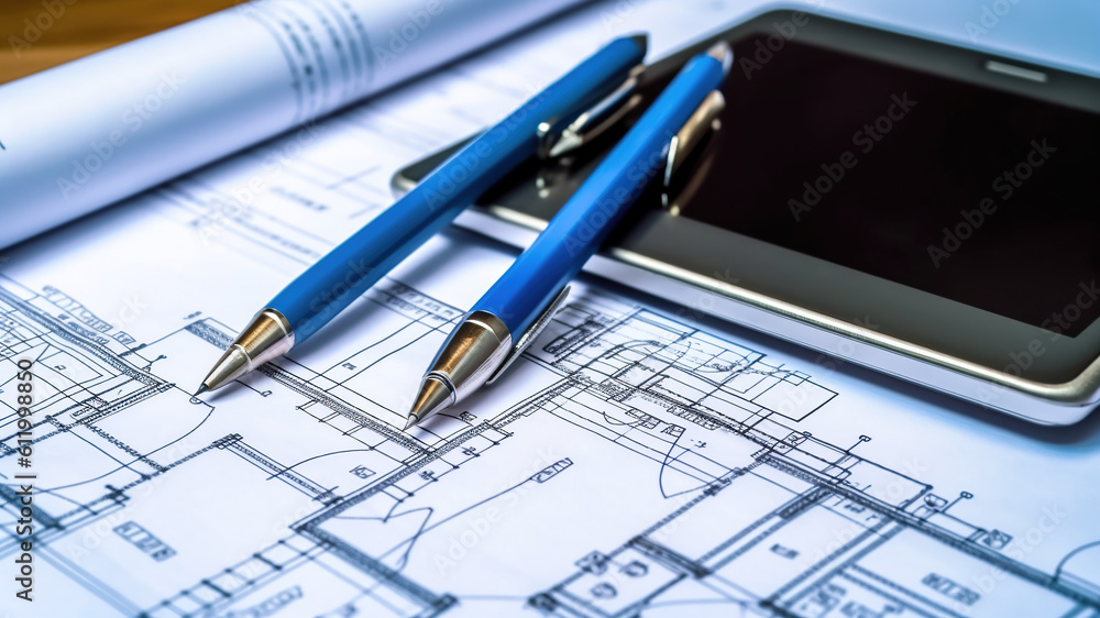 Architect workplace with digital tablet and blueprints. Architect workplace with digital tablet and blueprints.
