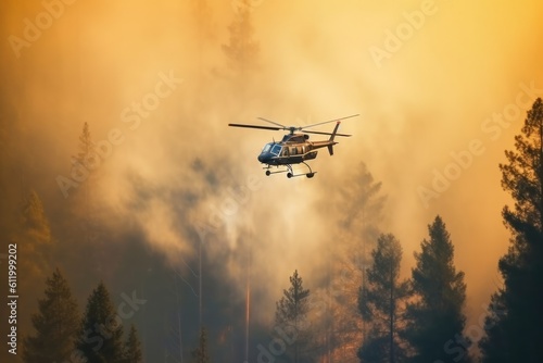 Helicopter extinguishes a forest fire. Forest fire disaster. Wildfire nature destruction. Generative AI