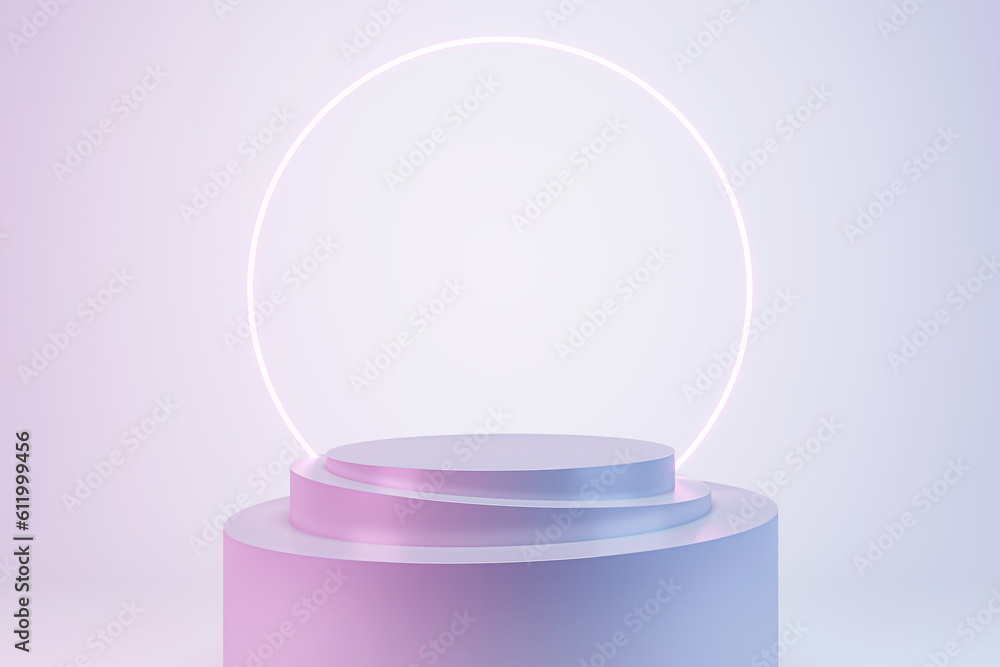 Front view on stylish empty cylindrical stand with place for product presentation on light wall background with glowing circle, advertising and marketing concept. 3D rendering, mock up Front view on stylish empty cylindrical stand with place for product presentation on light wall background with glowing circle, advertising and marketing concept. 3D rendering, mock up