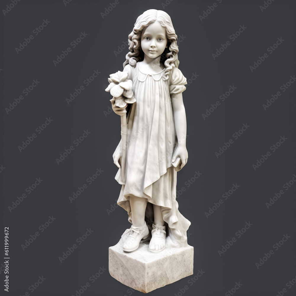 A 3D-printed marble statue of a young girl stands on a pedestal, her expression of joy illuminated in the light. - generative ai