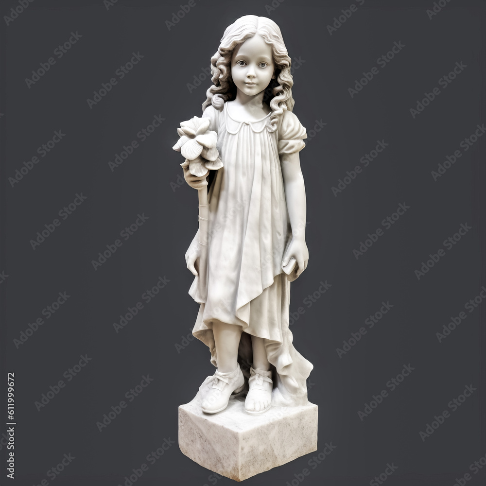Obraz premium A 3D-printed marble statue of a young girl stands on a pedestal, her expression of joy illuminated in the light. - generative ai