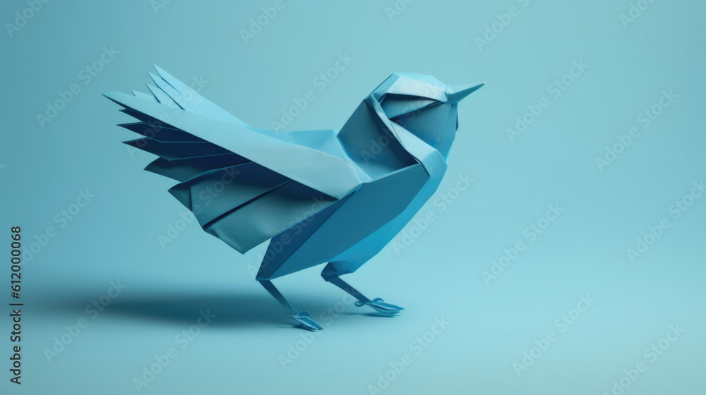 Obraz premium Cool Blue Origami Bird Paper Art in Isolated Blue Background. With Licensed Generative AI Technology Assistance.,