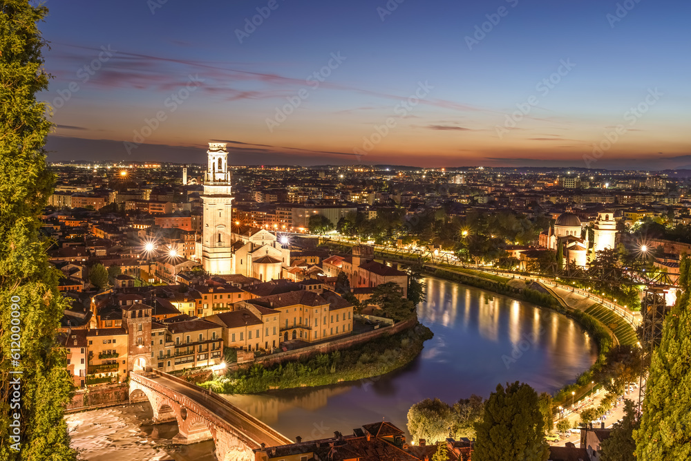 Night view of Verona, Italy from the hill of San Pietro.