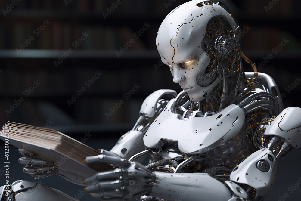 Fototapeta premium The robot is reading a book. Machine learning.