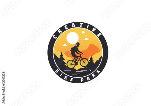 Adventure motor traveler illustration logo vector , Bike club logo design template , young riding a bike on mountain circular logo eps file