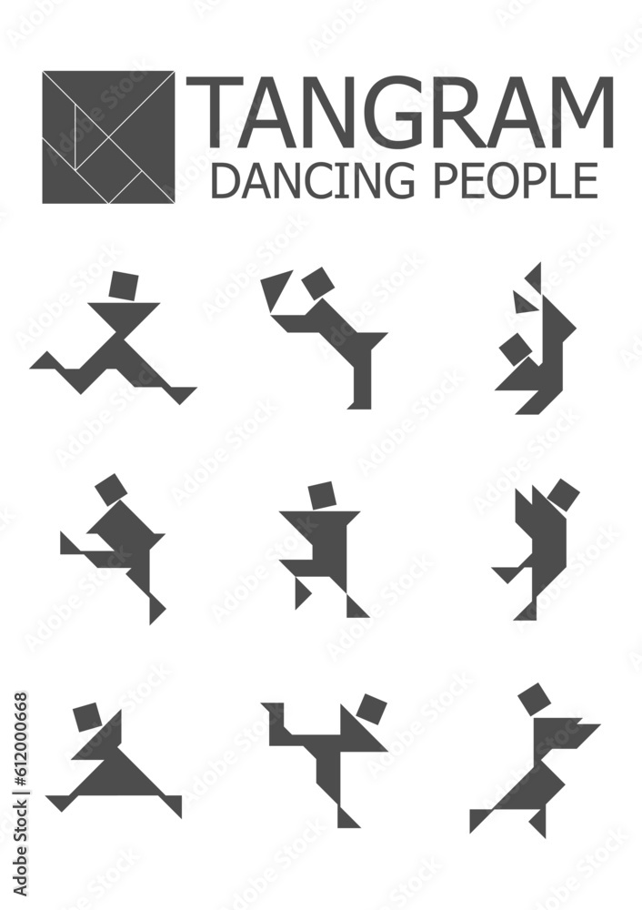 Set of vector tangram puzzles (geometric puzzle) for the development of logical thinking of children and adults. Collection of 9 black Dancing people silhouettes. Vector illustration