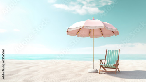 Cute color of umbrella and beach chair at summer tropical beach background.