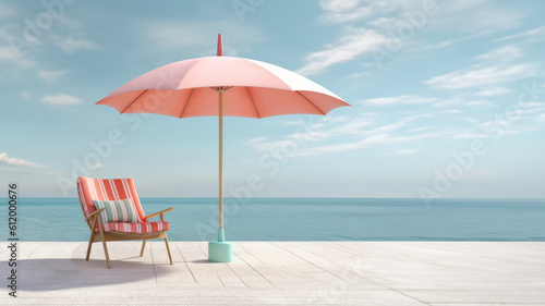 Cute color of umbrella and beach chair at summer tropical beach background.