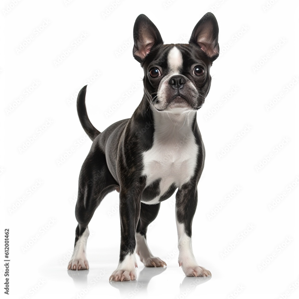 Boston terrier dog isolated in a white background, ai generative.