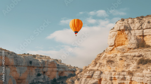 Sky High Hot Air Balloon Flying Over a Rocky Cliff from a Distance. Portrays Adventures, Dreams, and Bucket Lists. With Licensed Generative AI Technology Assistance.