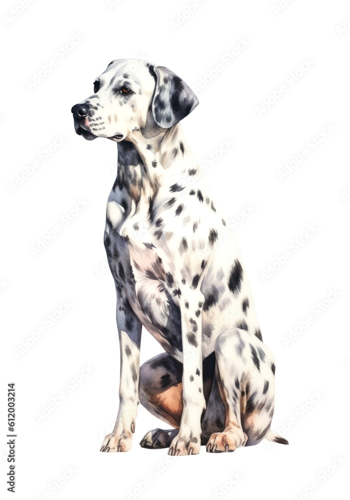 Watercolor illustration of a Dalmatian dog isolated on white background. Generative AI.
