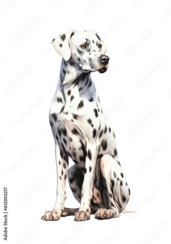 Watercolor illustration of a Dalmatian dog isolated on white background. Generative AI.