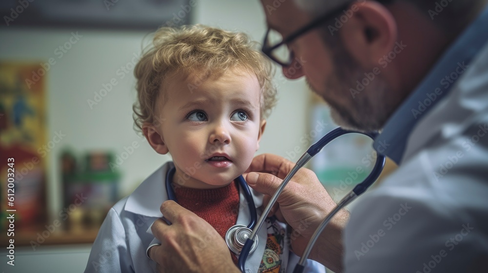 Generative AI happy doctor or pediatrician with baby at clinic - obrazy, fototapety, plakaty 
