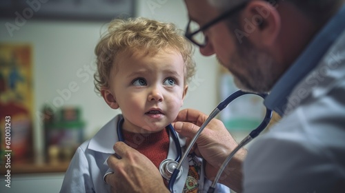 Generative AI happy doctor or pediatrician with baby at clinic photo