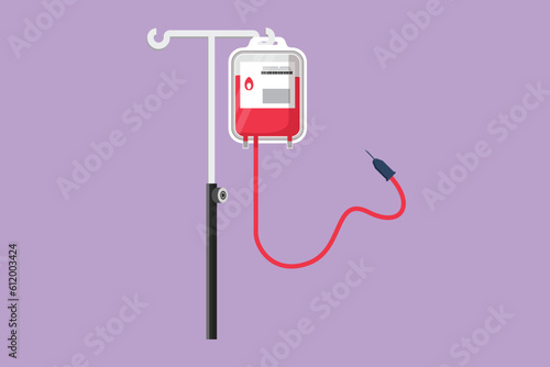 Character flat drawing blood bag with infusion pole logo, IV bag in trendy flat style. Infuse icon. Blood bag equipment for medicine, clinic and health care symbol. Cartoon design vector illustration