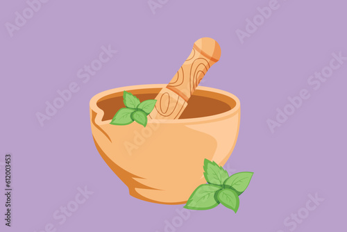 Character flat drawing stylized mortar and pestle vintage logo, icon, label, symbol. Ayurvedic medicine bowl. Herbal medicine concept. Isolated on blue background. Cartoon design vector illustration