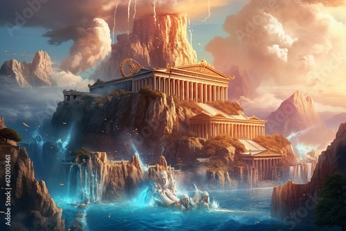 Illustration of Mount Olympus with grand temples and mythical creatures, modern aesthetic.