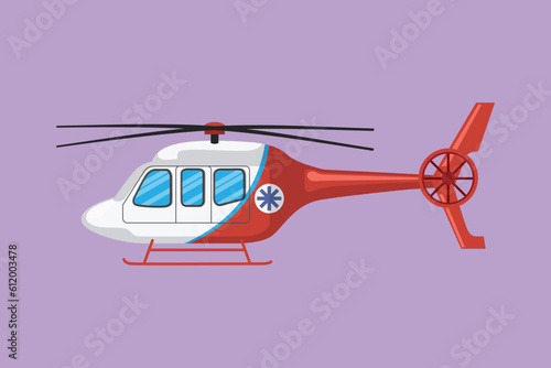 Cartoon flat style drawing of ambulance helicopter logo. Medical evacuation helicopter. Healthcare, hospital and medical diagnostics. Urgency and emergency services. Graphic design vector illustration