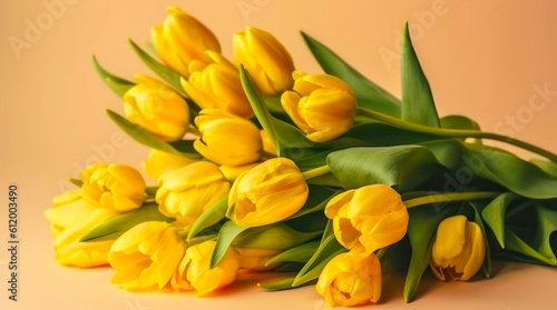 Bouquet of yellow tulips on yellow background. Generative AI.